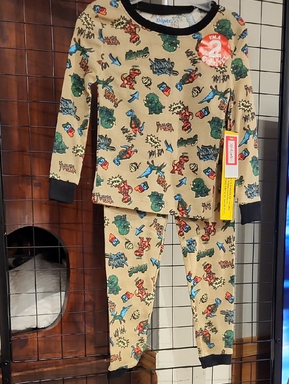 Kids Pajamas - 2pc. Beige Dino Print Long Sleeve Pajama Set